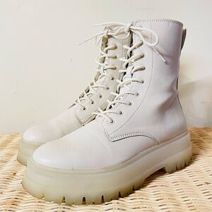 Stradivarius Cream Lace Up Leather Boots Size 38 (8)